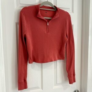 SO Cropped Waffle Knit 1/4 Zip Salmon Long Sleeve Pullover Shirt Junior Sz XL
